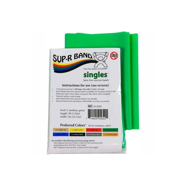 Fabrication Enterprises Sup-R Band Latex Free Exercise Band, 5' Strip, Green, 1/PK 1608437 - main